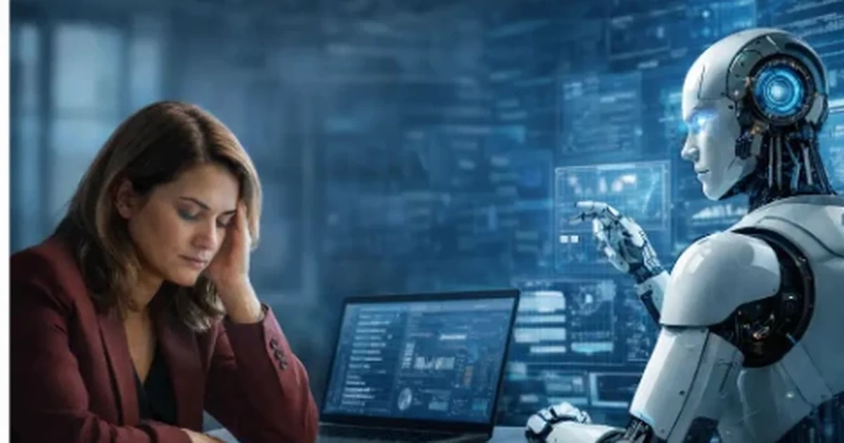 A professional reviewing documents beside an AI robot in a modern office