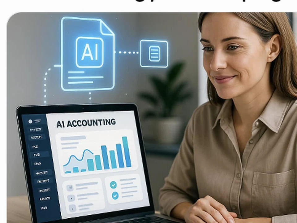 A bookkeeping professional reviewing an AI-assisted accounting dashboard
