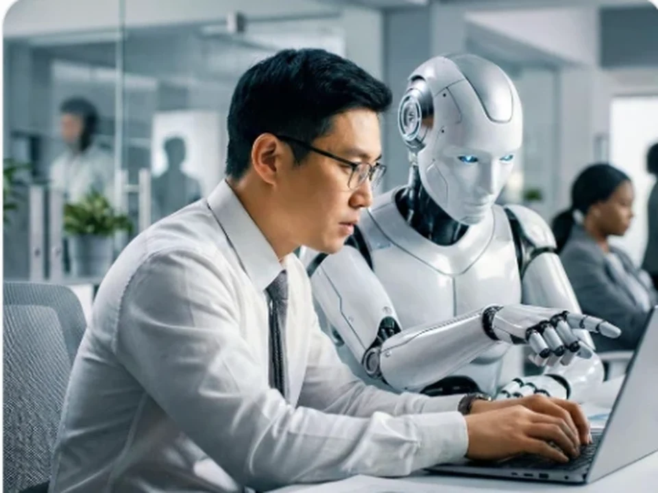 An office worker and an AI robot collaborating at a computer
