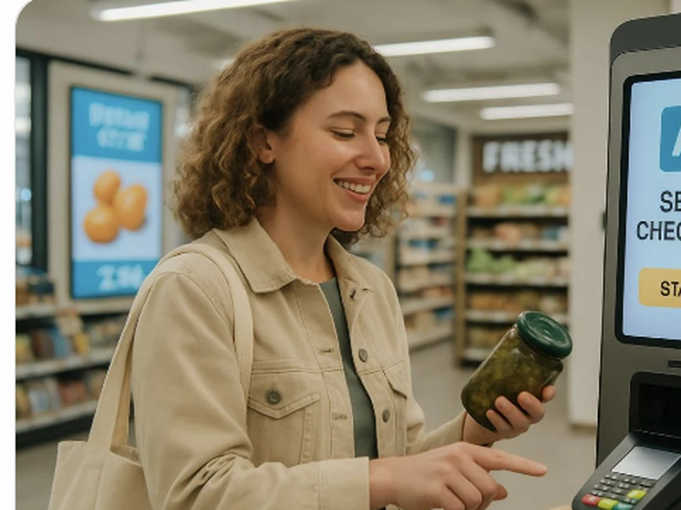 A shopper using an AI-enabled self-checkout station in a grocery store