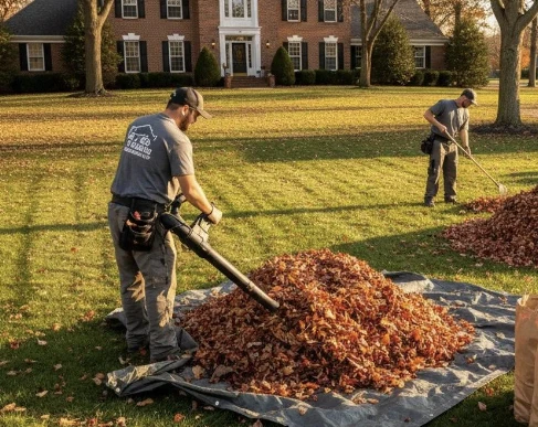 Two workers gathering fallen leaves from a residential yard
