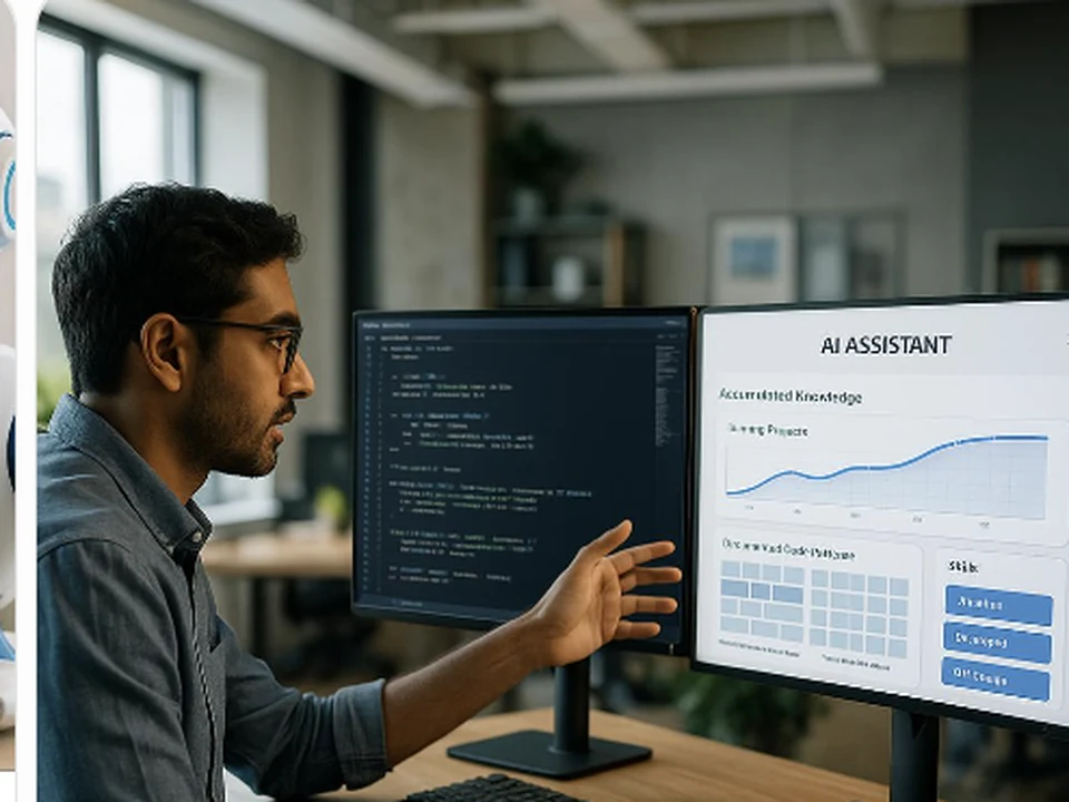 A software developer reviewing code with an AI assistant
