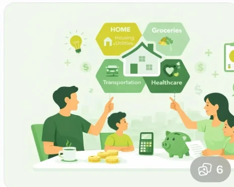 A household budget illustration highlighting housing, transportation, groceries, and healthcare costs