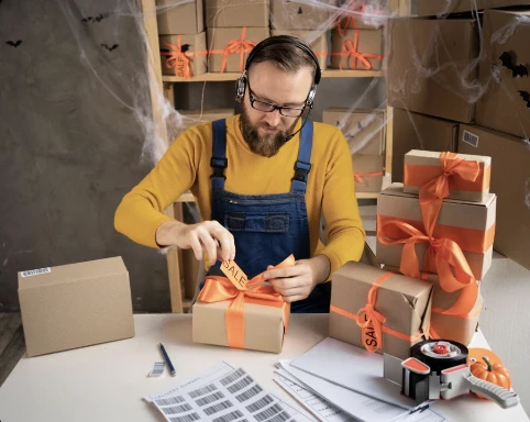 A small business owner packaging orange seasonal products for customers