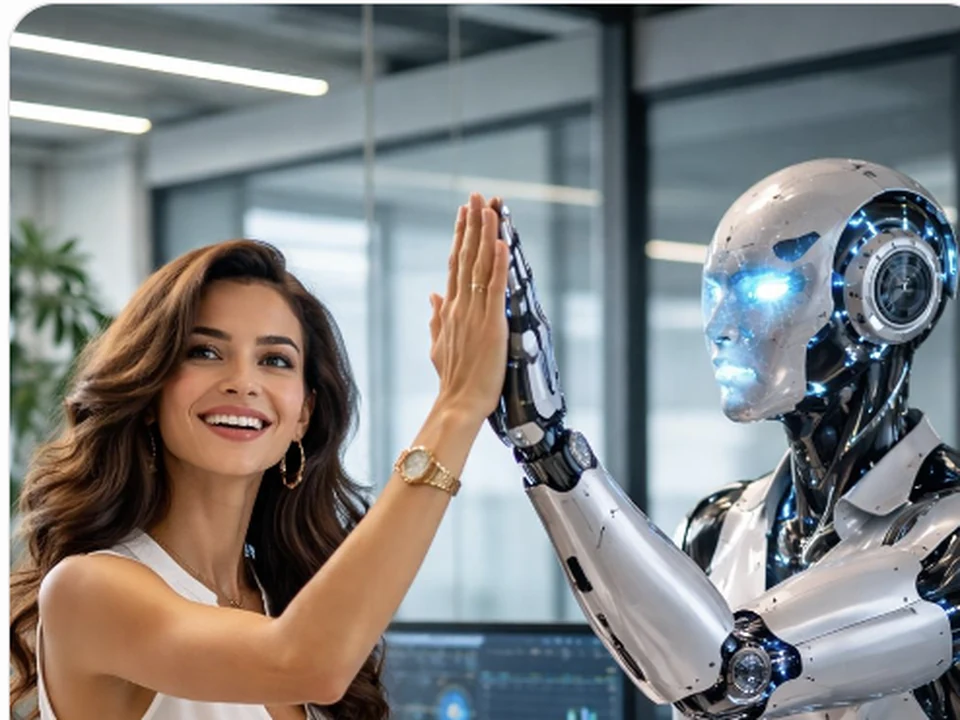 A professional and an AI robot exchanging a high five in a workplace