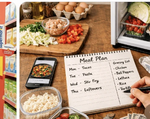 A weekly meal plan beside groceries, prepared food, a calculator, and a shopping list