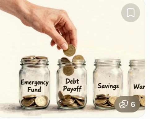 Hands dividing money among emergency fund, debt payoff, savings, and other goals