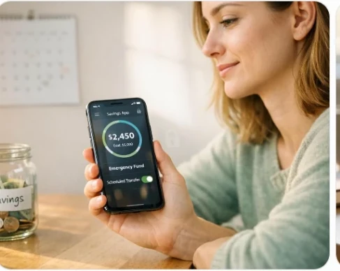 A woman setting up an automatic emergency-fund transfer on her smartphone